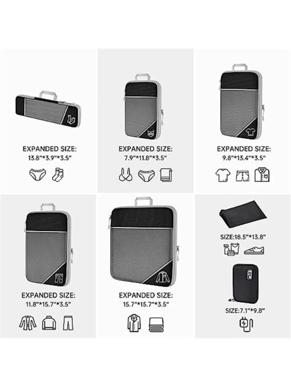 Compression Packing Cubes Travel Organizer Set Luggage Bags 7 Piece Space Saver